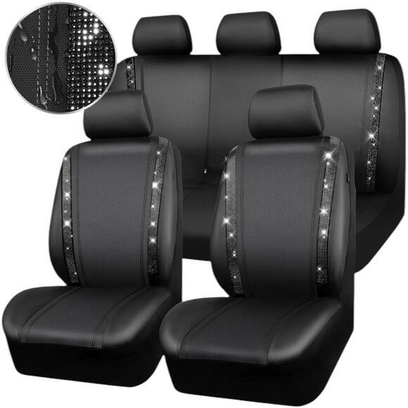 CAR PASS Black Diamond Leather Bling/Rhinestone  Car Seat Cover Full Set | NEW - Picture 2 of 11